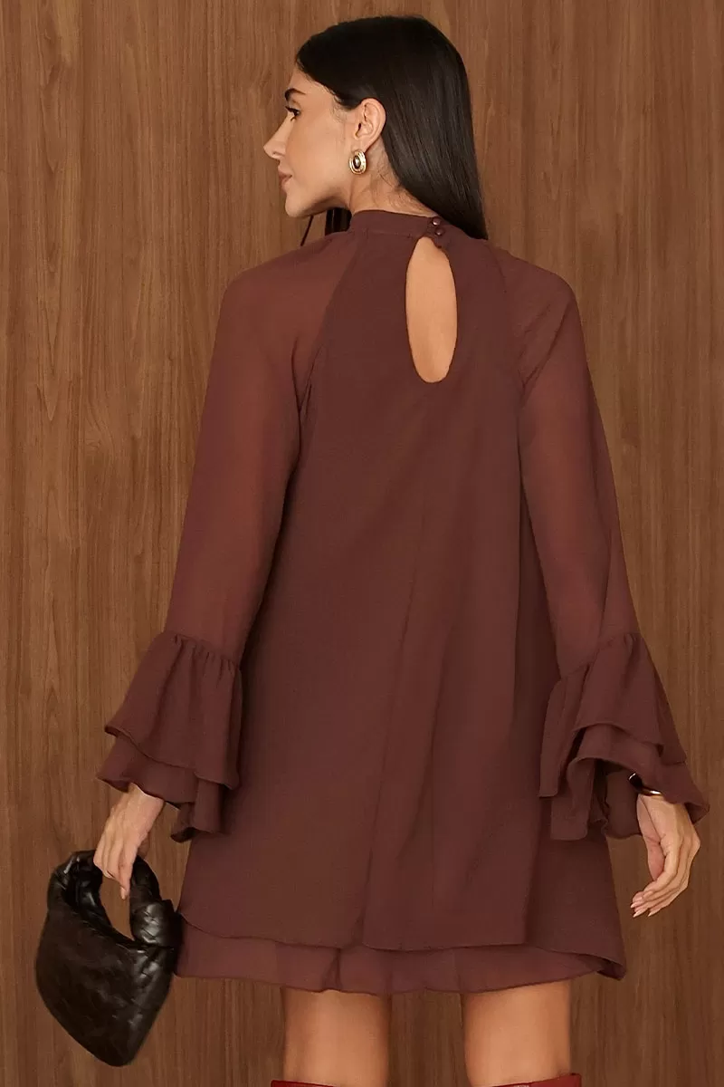 Miss Misses - Eva Dress High Neck Long Sleeve Brown - 54542214 Miss Misses - Eva Dress High Neck Long Sleeve Brown - 54542214