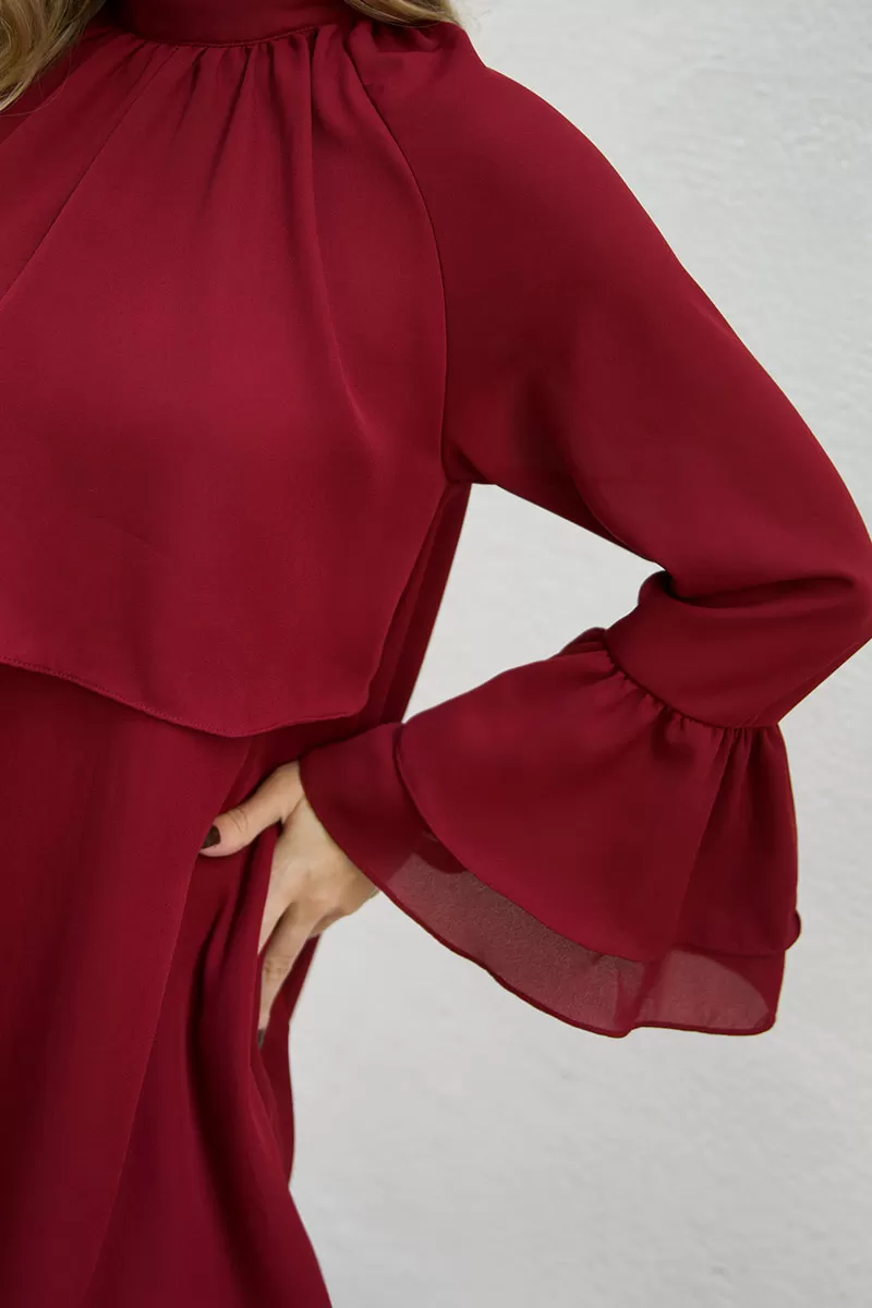 Miss Misses - Eva Dress High Neck Long Sleeve Wine - 54542006 Miss Misses - Eva Dress High Neck Long Sleeve Wine - 54542006