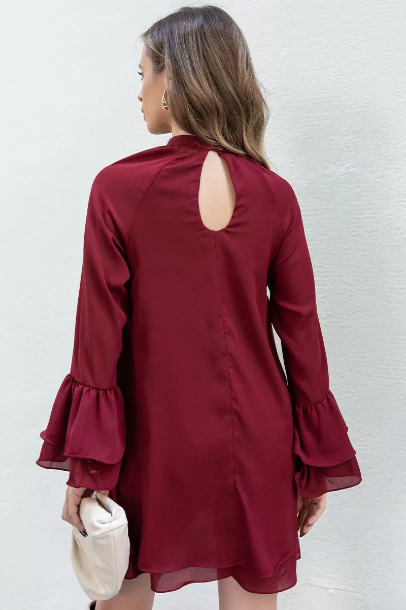 Miss Misses - Eva Dress High Neck Long Sleeve Wine - 54542006 Miss Misses - Eva Dress High Neck Long Sleeve Wine - 54542006