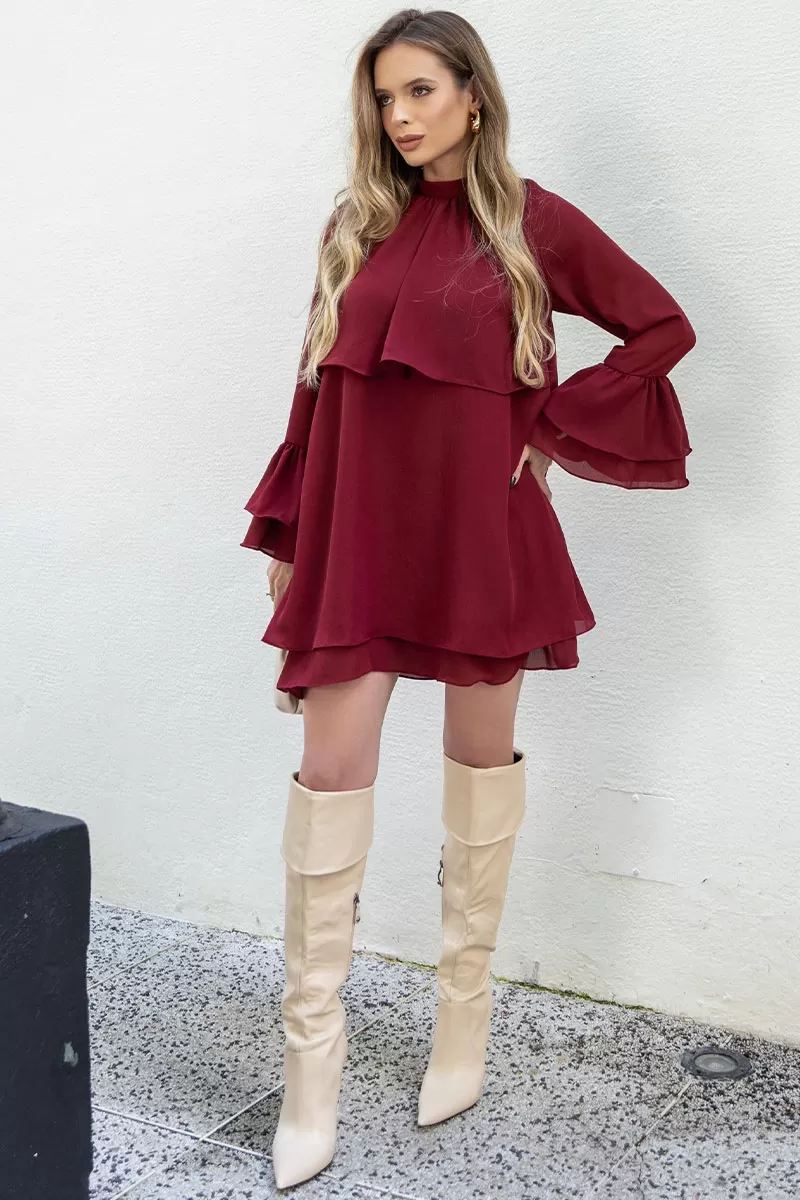 Miss Misses - Eva Dress High Neck Long Sleeve Wine - 54542006 Miss Misses - Eva Dress High Neck Long Sleeve Wine - 54542006
