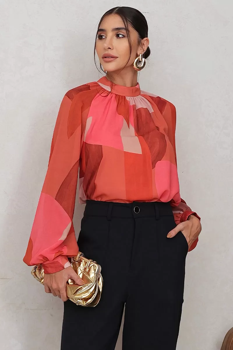 Miss Misses - Carla Shirt with Ruffled Collar and Long Sleeves, Orange - 54544216