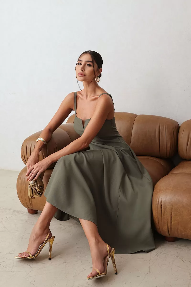 Miss Misses - Carol Dress with V-Neckline and Straps in Moss Green - 54546023 Miss Misses - Carol Dress with V-Neckline and Straps in Moss Green - 54546023