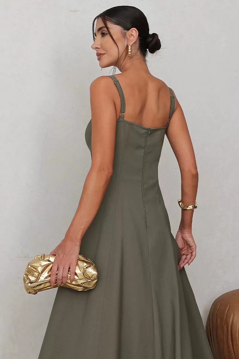 Miss Misses - Carol Dress with V-Neckline and Straps in Moss Green - 54546023 Miss Misses - Carol Dress with V-Neckline and Straps in Moss Green - 54546023