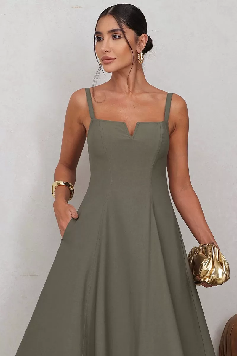Miss Misses - Carol Dress with V-Neckline and Straps in Moss Green - 54546023 Miss Misses - Carol Dress with V-Neckline and Straps in Moss Green - 54546023