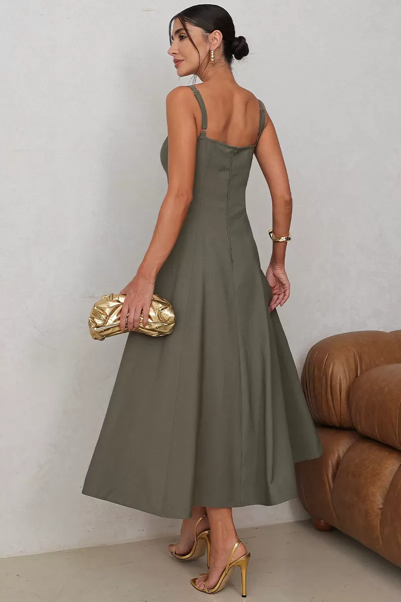 Miss Misses - Carol Dress with V-Neckline and Straps in Moss Green - 54546023 Miss Misses - Carol Dress with V-Neckline and Straps in Moss Green - 54546023