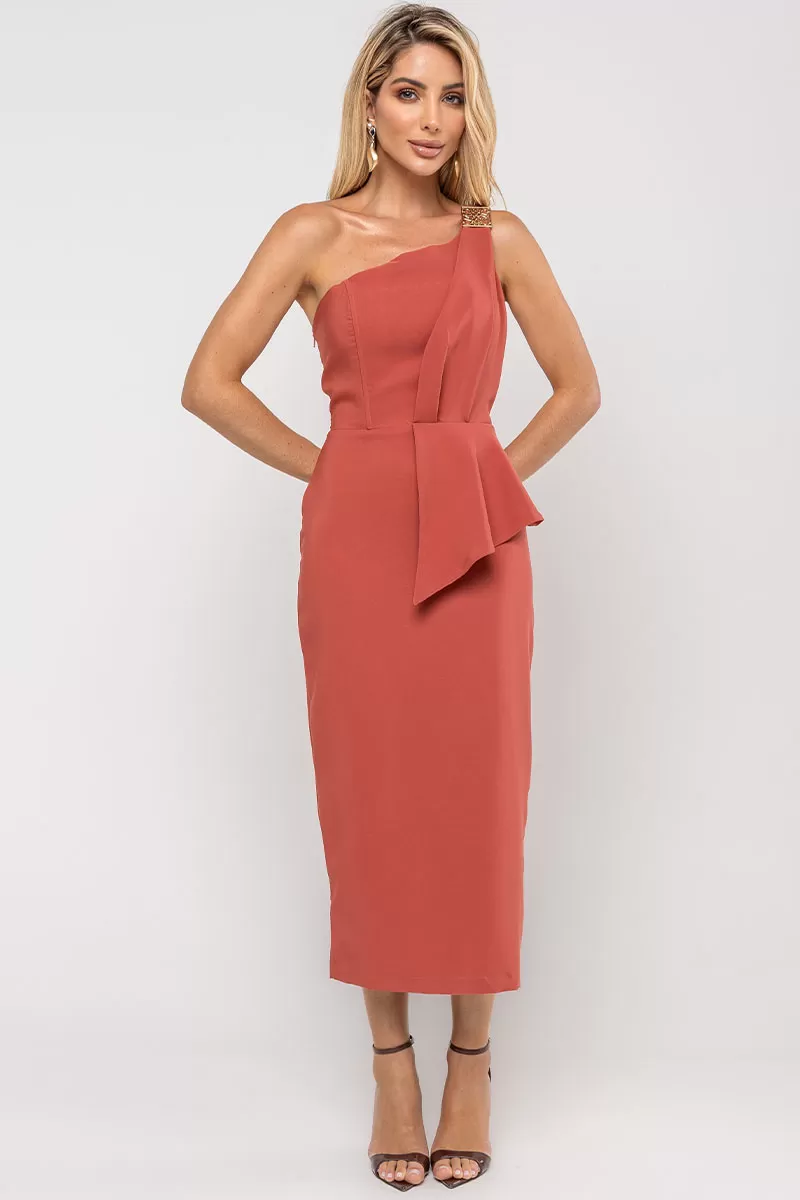 Miss Misses - Debora Midi One Shoulder Dress with Marsala Metal Detail - 54545086