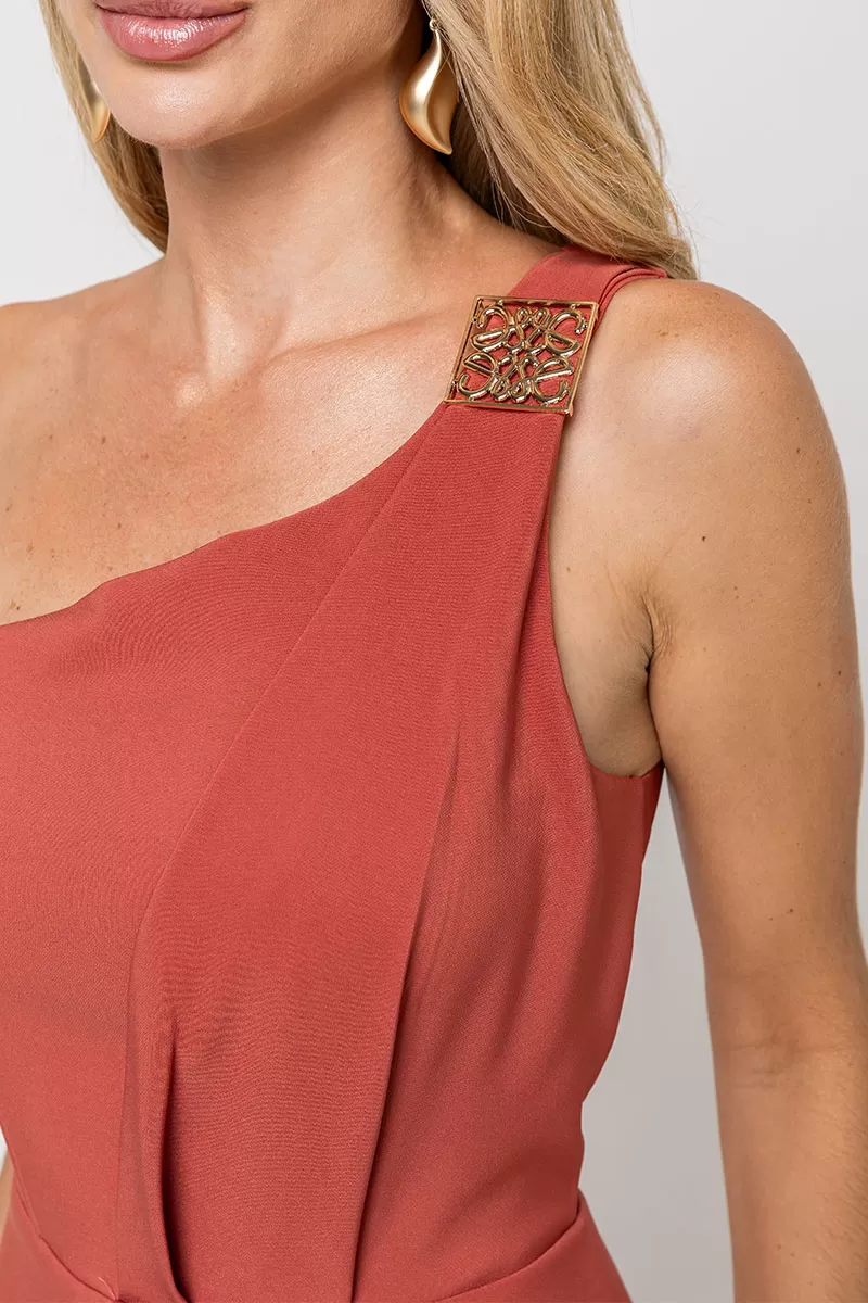 Miss Misses - Debora Midi One Shoulder Dress with Marsala Metal Detail - 54545086 Miss Misses - Debora Midi One Shoulder Dress with Marsala Metal Detail - 54545086
