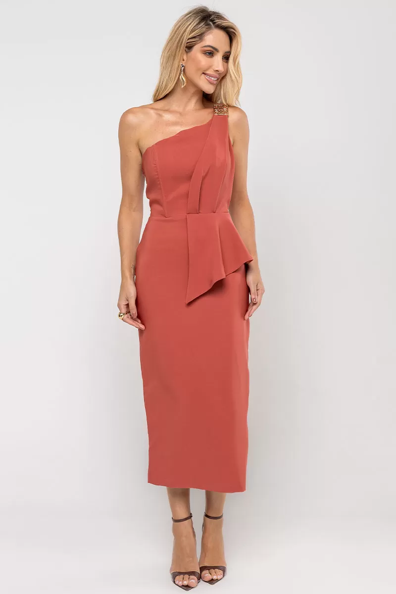 Miss Misses - Debora Midi One Shoulder Dress with Marsala Metal Detail - 54545086 Miss Misses - Debora Midi One Shoulder Dress with Marsala Metal Detail - 54545086