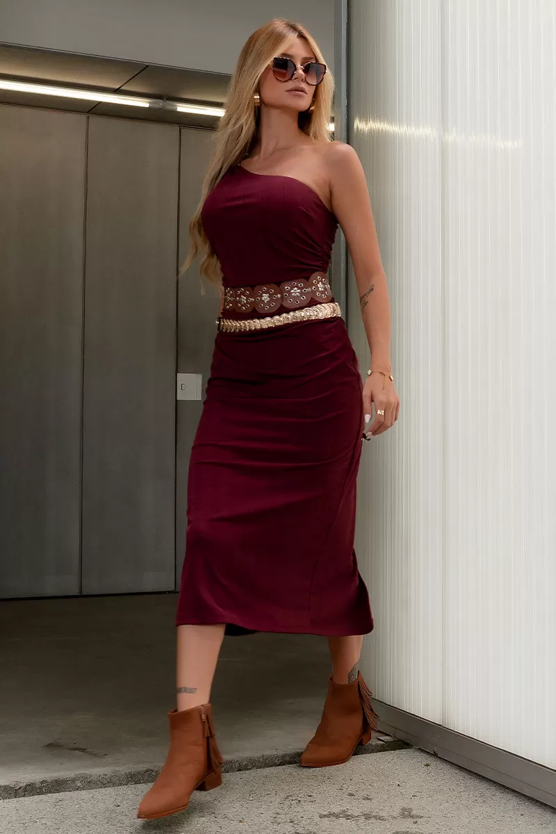 Miss Misses - Edna Ribbed One Shoulder Dress with Buckle Wine - 54552006