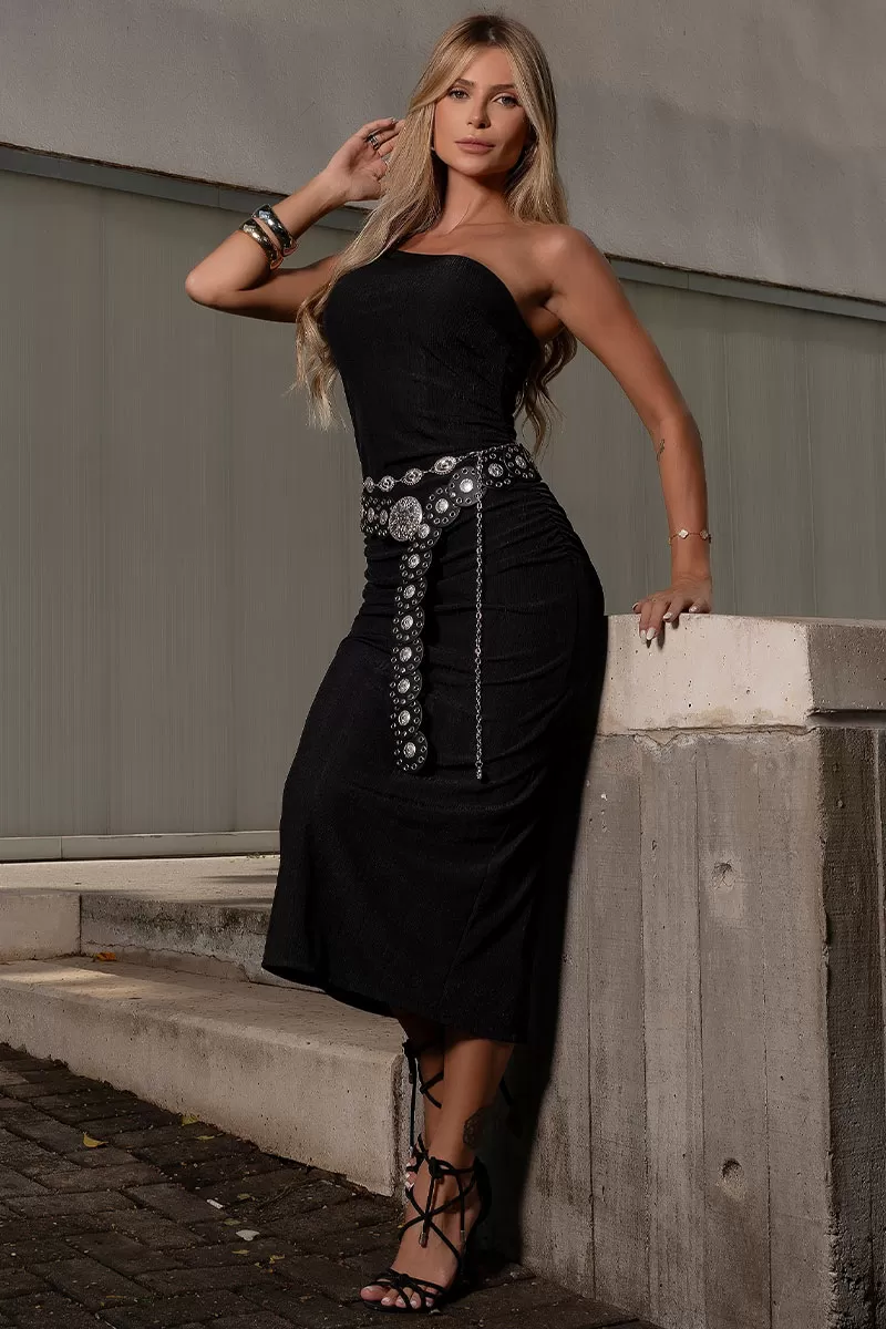 Miss Misses - Edna Ribbed One Shoulder Dress with Buckle in Black - 54552001 Miss Misses - Edna Ribbed One Shoulder Dress with Buckle in Black - 54552001