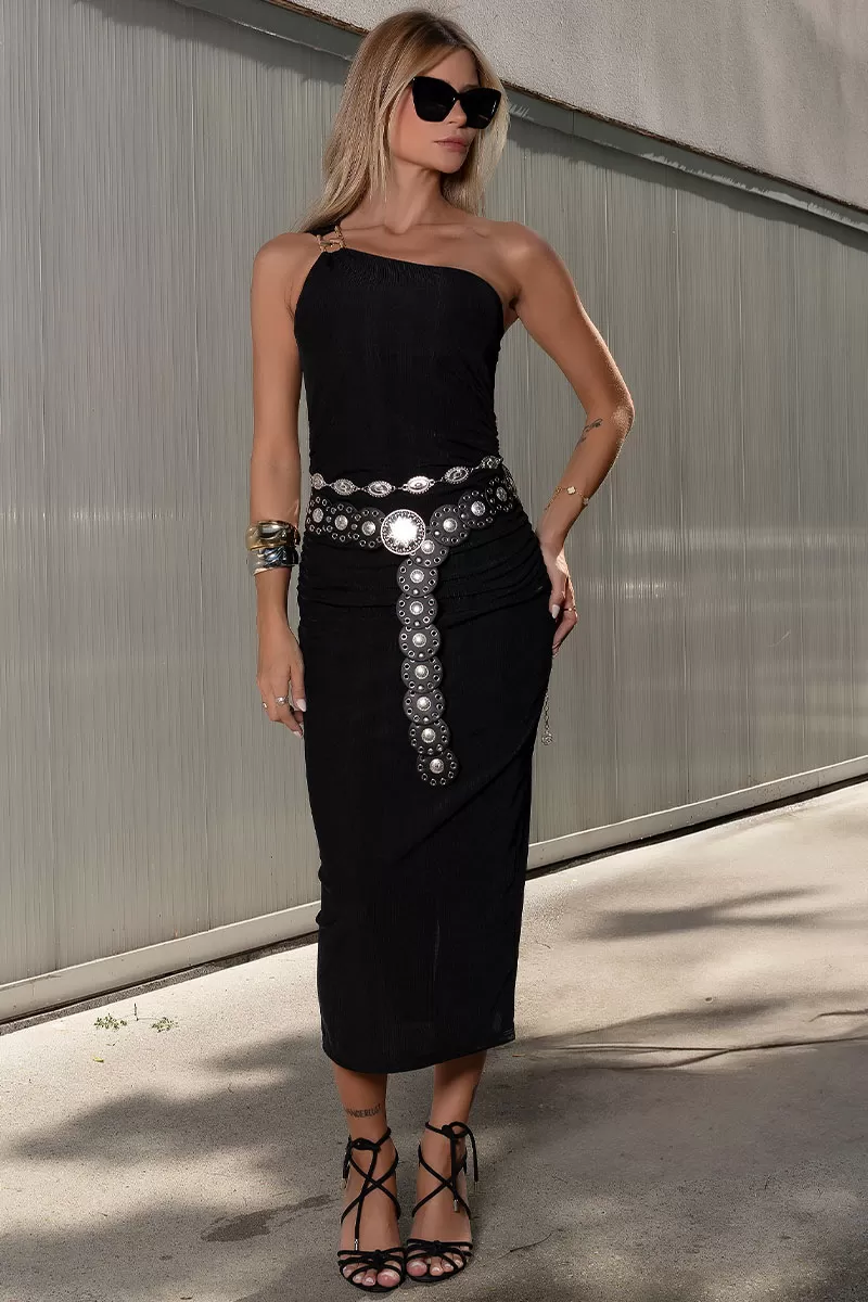 Miss Misses - Edna Ribbed One Shoulder Dress with Buckle in Black - 54552001 Miss Misses - Edna Ribbed One Shoulder Dress with Buckle in Black - 54552001