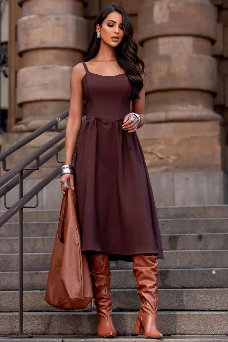 Miss Misses - Karine Midi Dress with Pleats on Brown Skirt - 54547214 Miss Misses - Karine Midi Dress with Pleats on Brown Skirt - 54547214