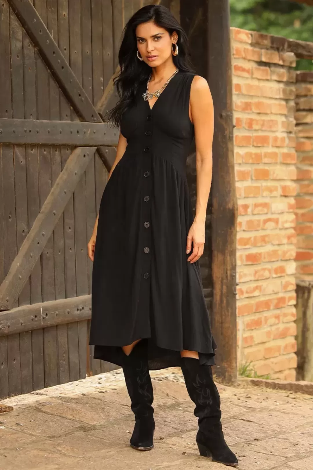 Miss Misses - Heide Dress Open Front With Buttons Black - 54522PRETO Miss Misses - Heide Dress Open Front With Buttons Black - 54522PRETO