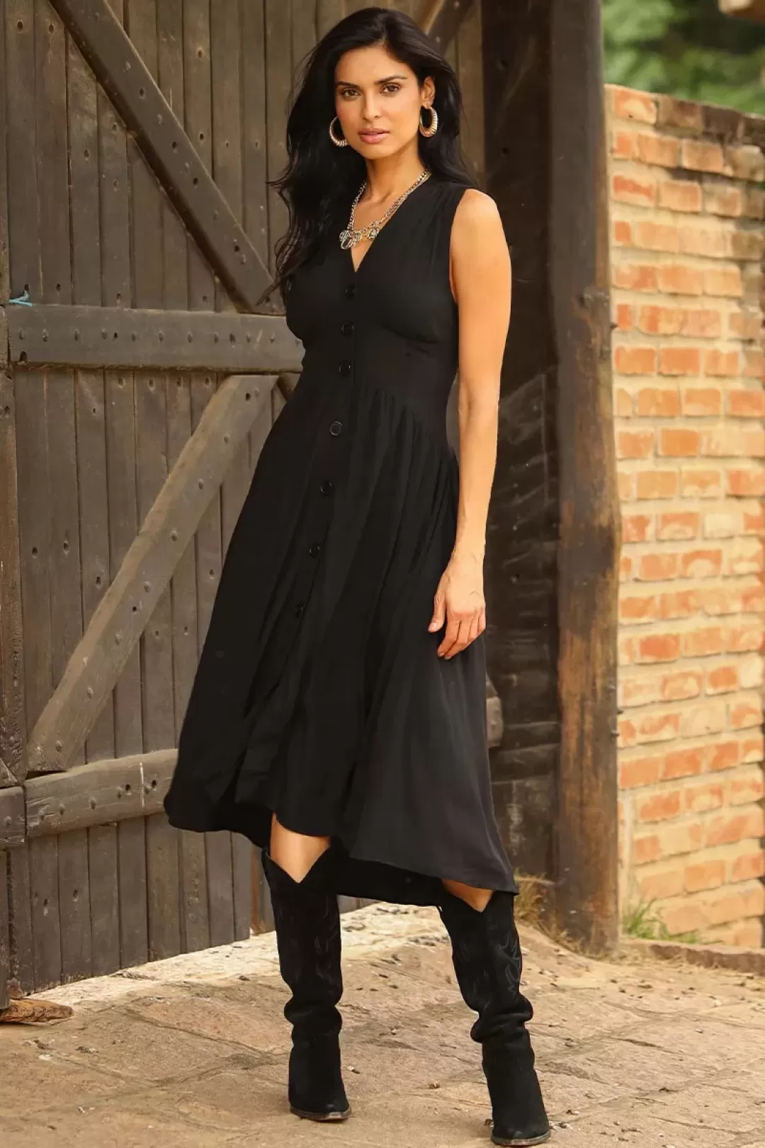 Miss Misses - Heide Dress Open Front With Buttons Black - 54522PRETO Miss Misses - Heide Dress Open Front With Buttons Black - 54522PRETO