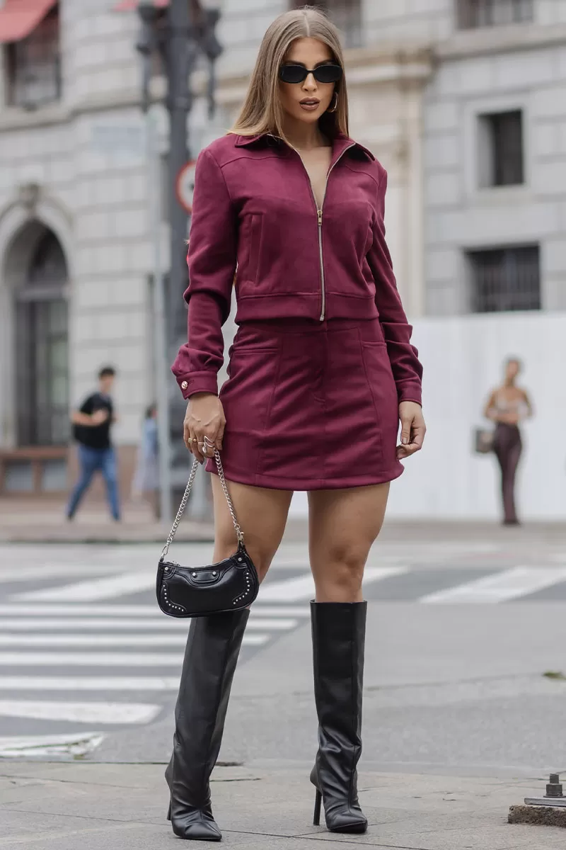 Miss Misses - Denise Jacket with Pocket and Zipper in Burgundy - 54551006 Miss Misses - Denise Jacket with Pocket and Zipper in Burgundy - 54551006