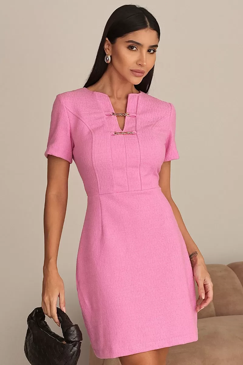Miss Misses - Adele Short Sleeve Sheath Dress with Pink Metal Detail - 54557060