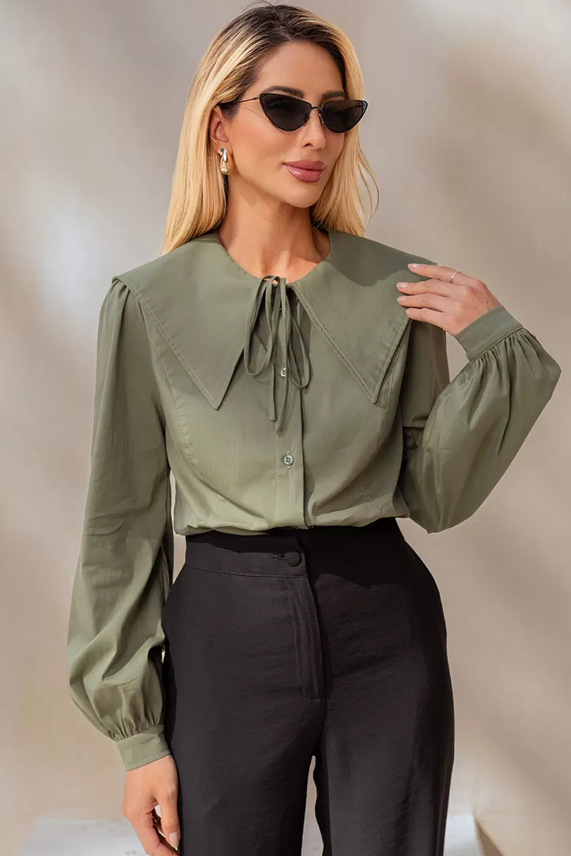 Miss Misses - Arlene Shirt Round Neck Long Sleeve with Green Button - 54554023 Miss Misses - Arlene Shirt Round Neck Long Sleeve with Green Button - 54554023