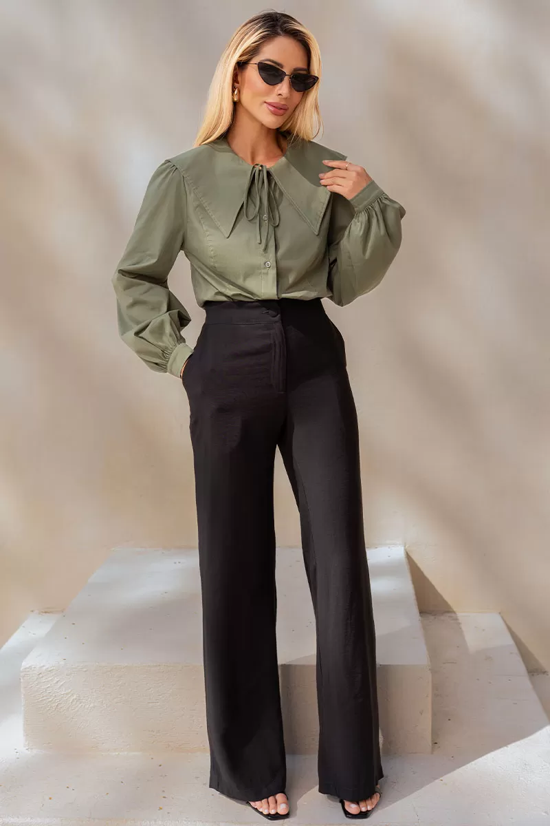 Miss Misses - Arlene Shirt Round Neck Long Sleeve with Green Button - 54554023 Miss Misses - Arlene Shirt Round Neck Long Sleeve with Green Button - 54554023