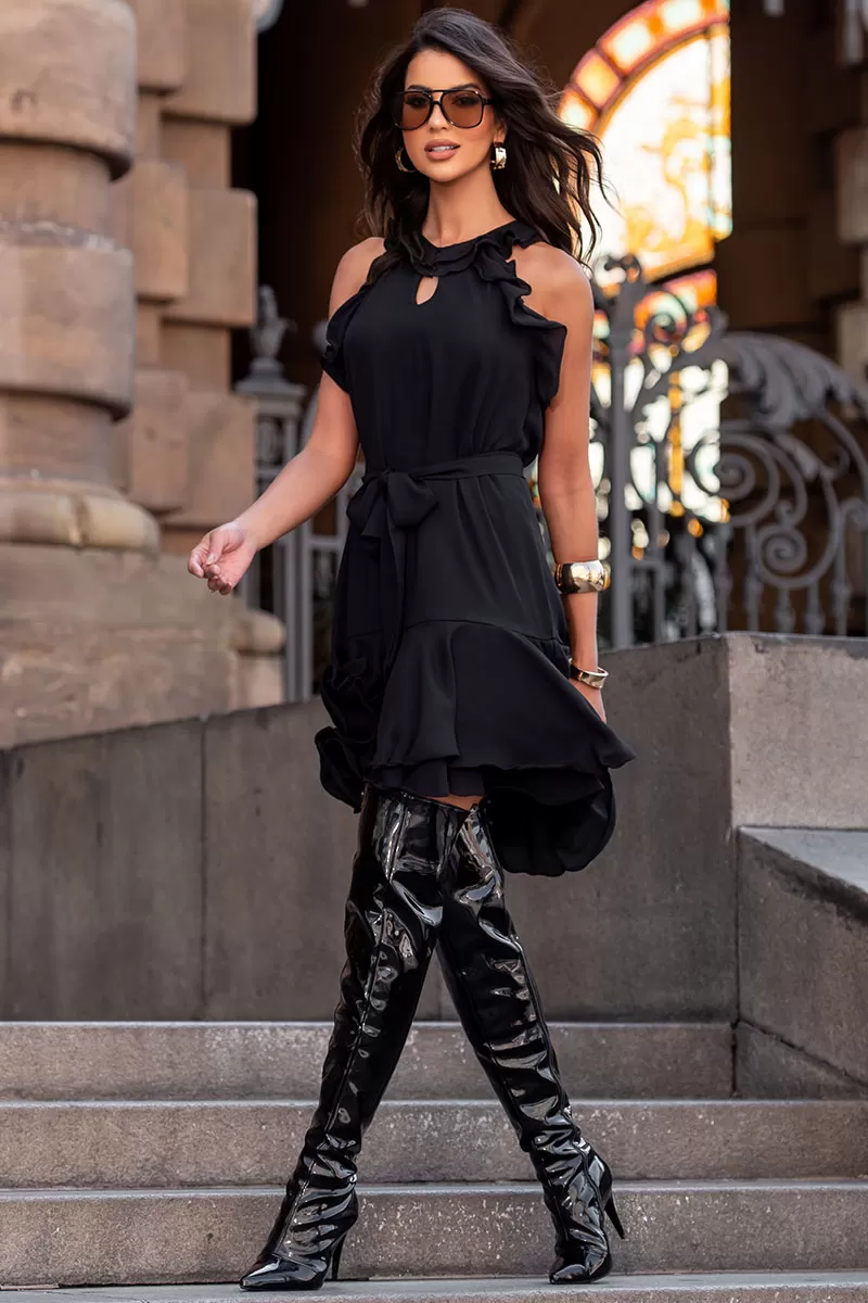Miss Misses - Berenice Short Crepe Dress with Frill EC/Zipper Black - 54531001 Miss Misses - Berenice Short Crepe Dress with Frill EC/Zipper Black - 54531001