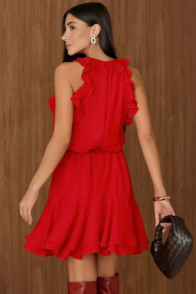 Miss Misses - Berenice Short Crepe Dress with Frill EC/ Red Zipper - 54531024