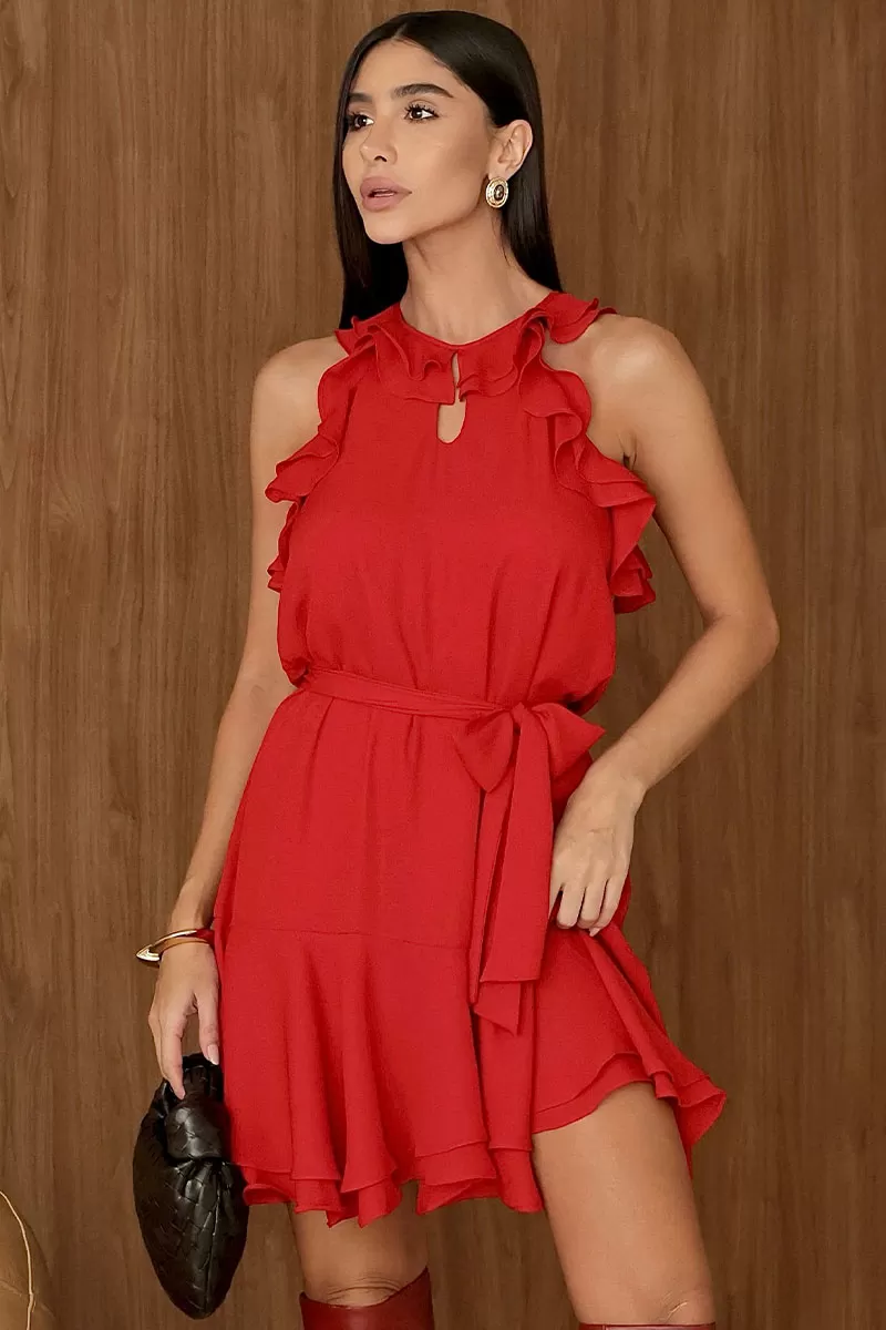 Miss Misses - Berenice Short Crepe Dress with Frill EC/ Red Zipper - 54531024