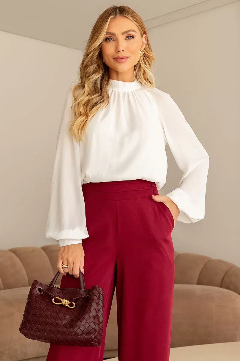 Miss Misses - Celina Crepe Shirt with Ruffled Collar, Long Sleeve, Off White - 54515030
