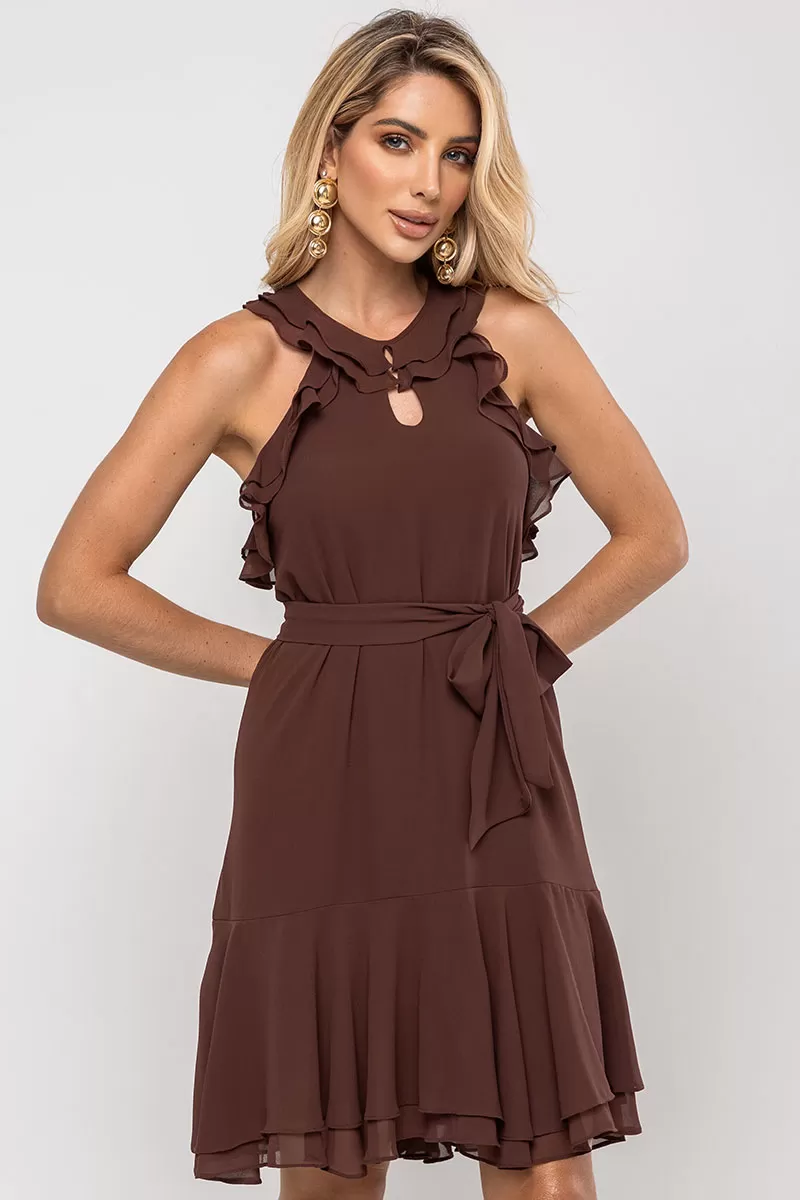 Miss Misses - Berenice Short Crepe Dress with Frill EC/ Zipper Brown - 54531214 Miss Misses - Berenice Short Crepe Dress with Frill EC/ Zipper Brown - 54531214