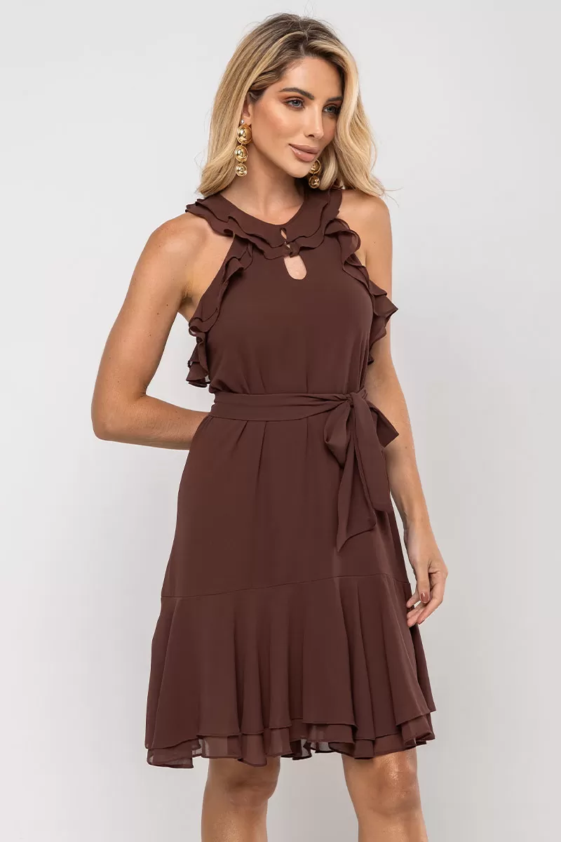 Miss Misses - Berenice Short Crepe Dress with Frill EC/ Zipper Brown - 54531214 Miss Misses - Berenice Short Crepe Dress with Frill EC/ Zipper Brown - 54531214