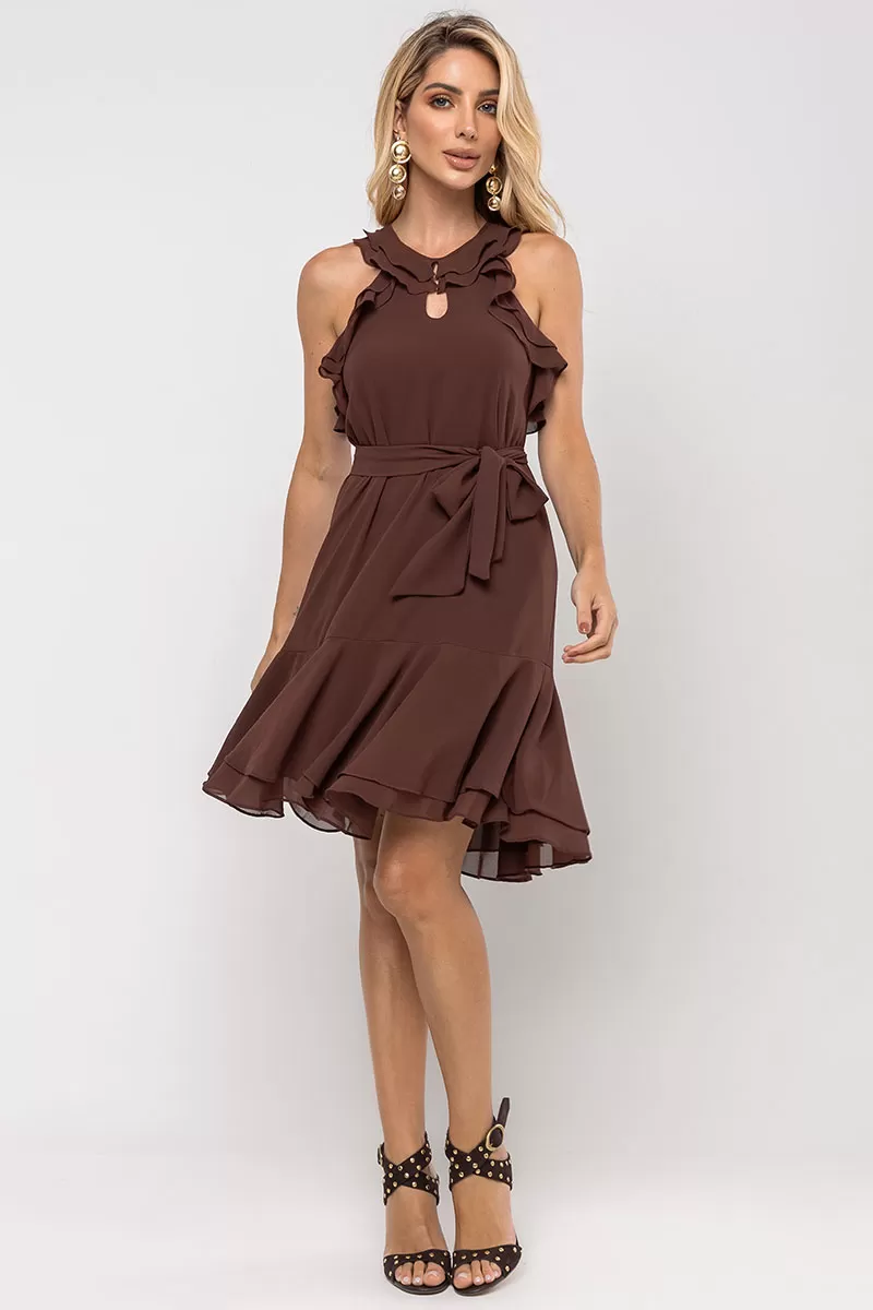 Miss Misses - Berenice Short Crepe Dress with Frill EC/ Zipper Brown - 54531214