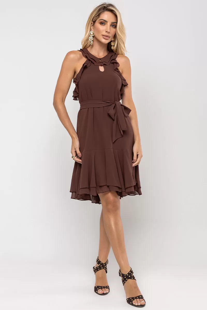 Miss Misses - Berenice Short Crepe Dress with Frill EC/ Zipper Brown - 54531214 Miss Misses - Berenice Short Crepe Dress with Frill EC/ Zipper Brown - 54531214