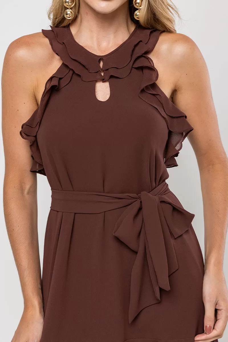 Miss Misses - Berenice Short Crepe Dress with Frill EC/ Zipper Brown - 54531214 Miss Misses - Berenice Short Crepe Dress with Frill EC/ Zipper Brown - 54531214