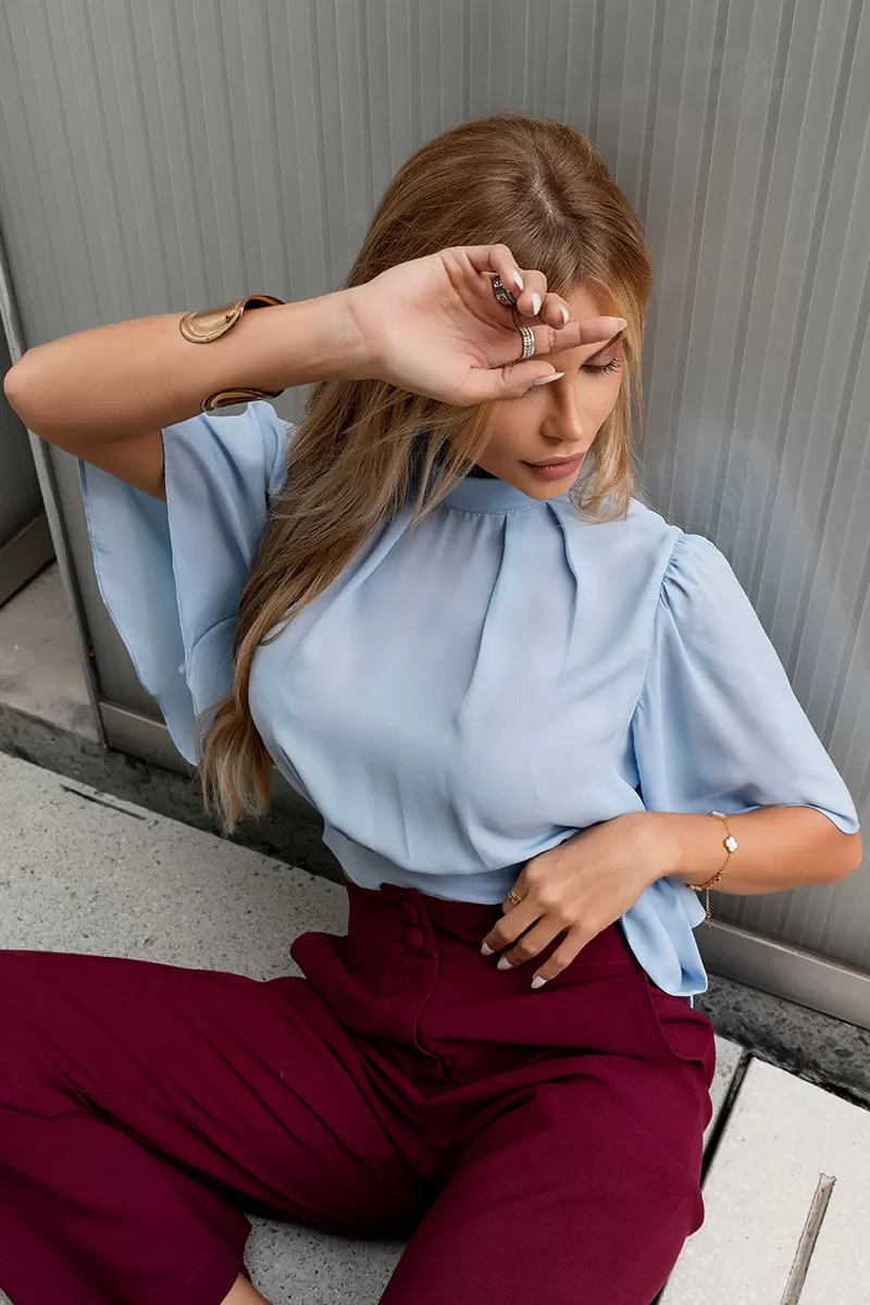 Miss Misses - Miss Misses Chiffon Shirt with Godet Sleeve and Blue Tie - 54225002 Miss Misses - Miss Misses Chiffon Shirt with Godet Sleeve and Blue Tie - 54225002