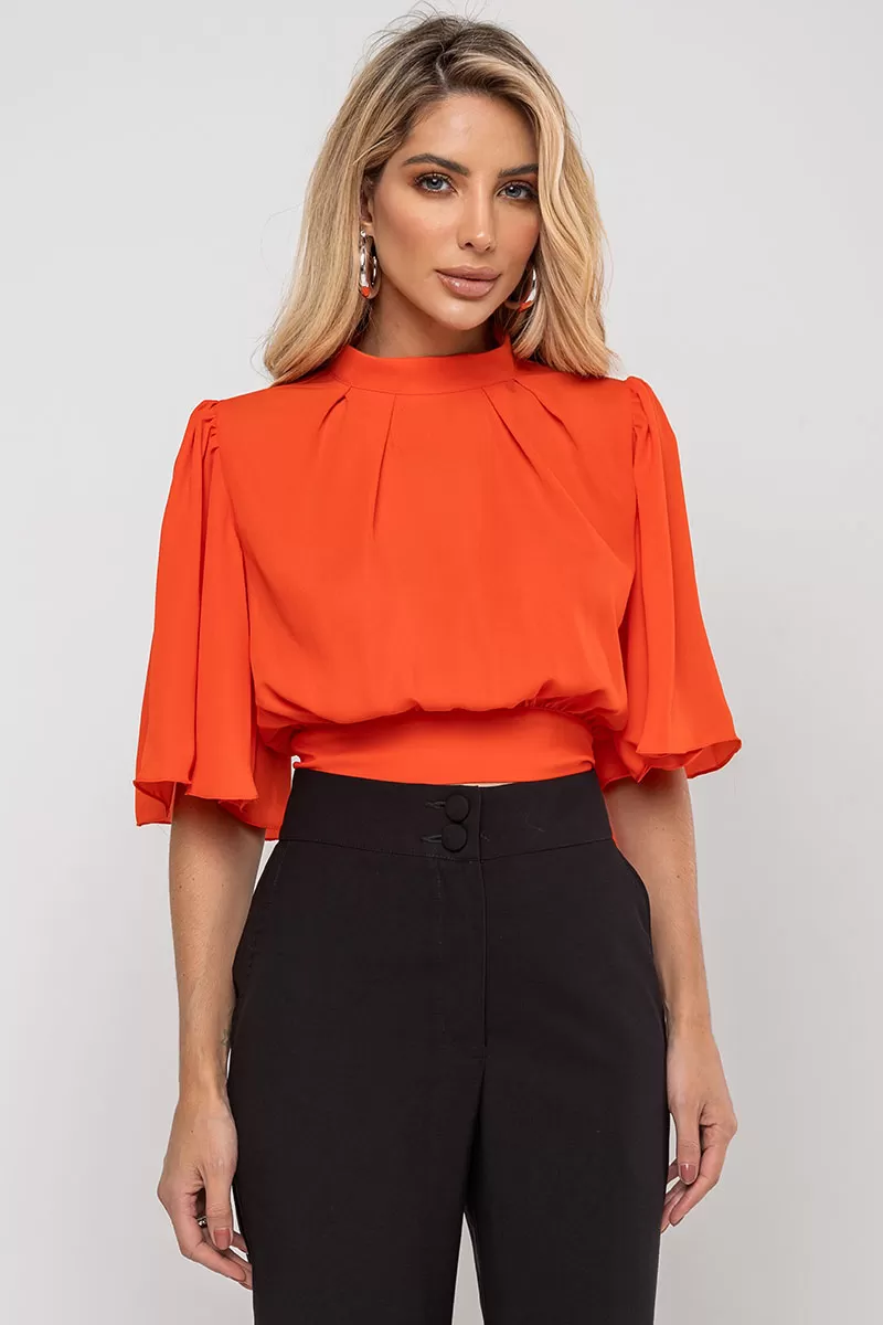 Miss Misses - Miss Misses Chiffon Shirt with Orange Tie - 54225216