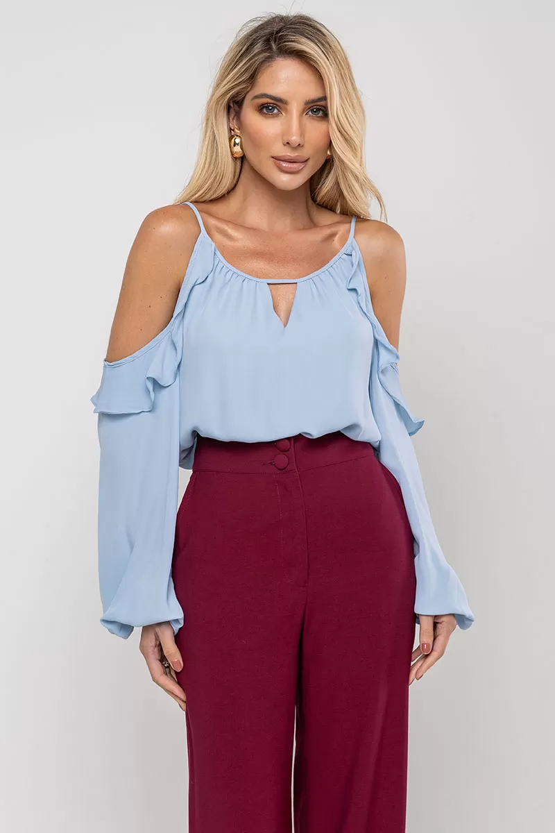 Miss Misses - Blue Crepe Long Sleeve Openwork Shirt - 54476002 Miss Misses - Blue Crepe Long Sleeve Openwork Shirt - 54476002