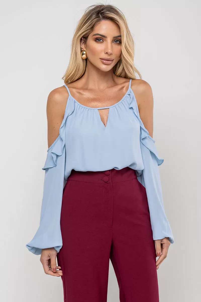 Miss Misses - Blue Crepe Long Sleeve Openwork Shirt - 54476002 Miss Misses - Blue Crepe Long Sleeve Openwork Shirt - 54476002