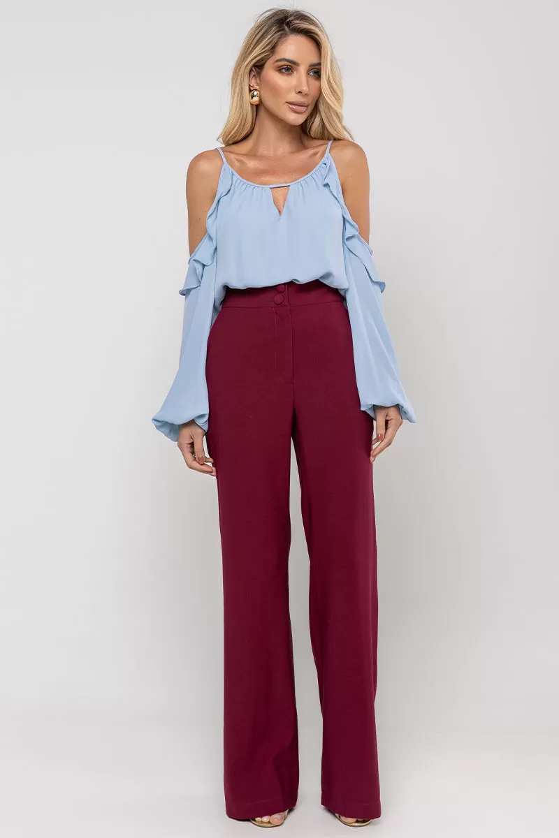 Miss Misses - Blue Crepe Long Sleeve Openwork Shirt - 54476002 Miss Misses - Blue Crepe Long Sleeve Openwork Shirt - 54476002