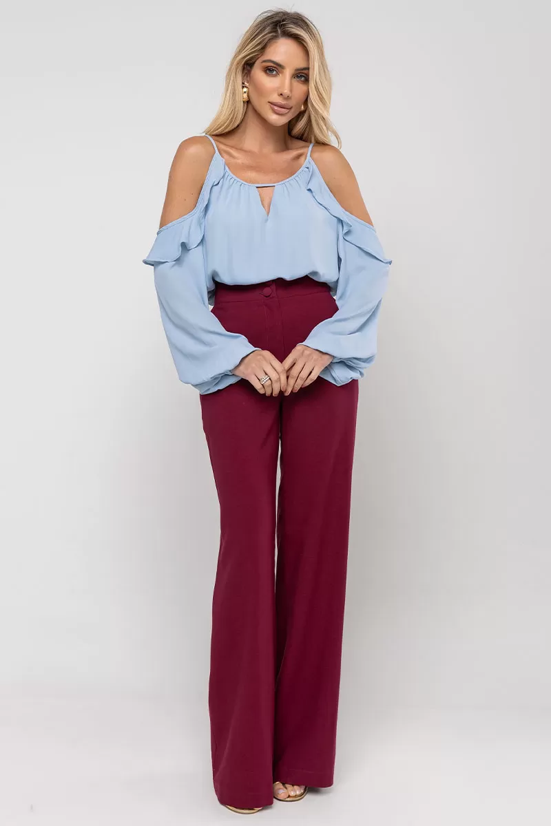 Miss Misses - Blue Crepe Long Sleeve Openwork Shirt - 54476002 Miss Misses - Blue Crepe Long Sleeve Openwork Shirt - 54476002