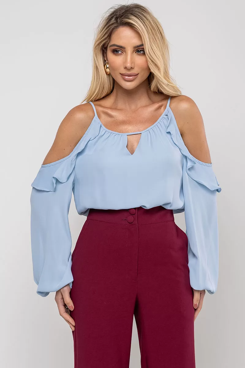 Miss Misses - Blue Crepe Long Sleeve Openwork Shirt - 54476002