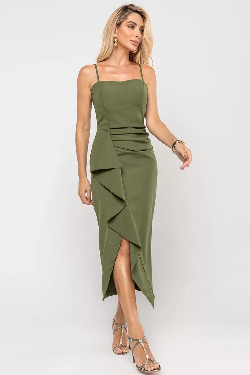 Miss Misses - Angelica Dress with Pleats on the Front and Zipper in Green - 54561023
