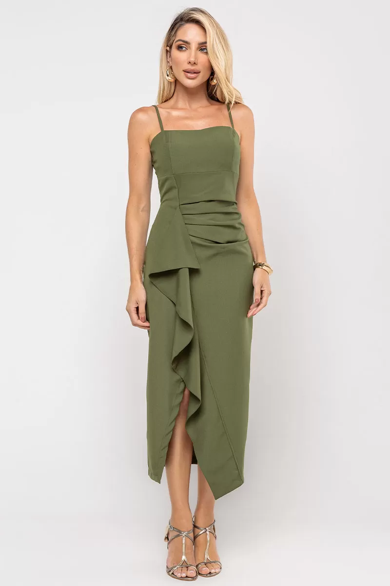 Miss Misses - Angelica Dress with Pleats on the Front and Zipper in Green - 54561023
