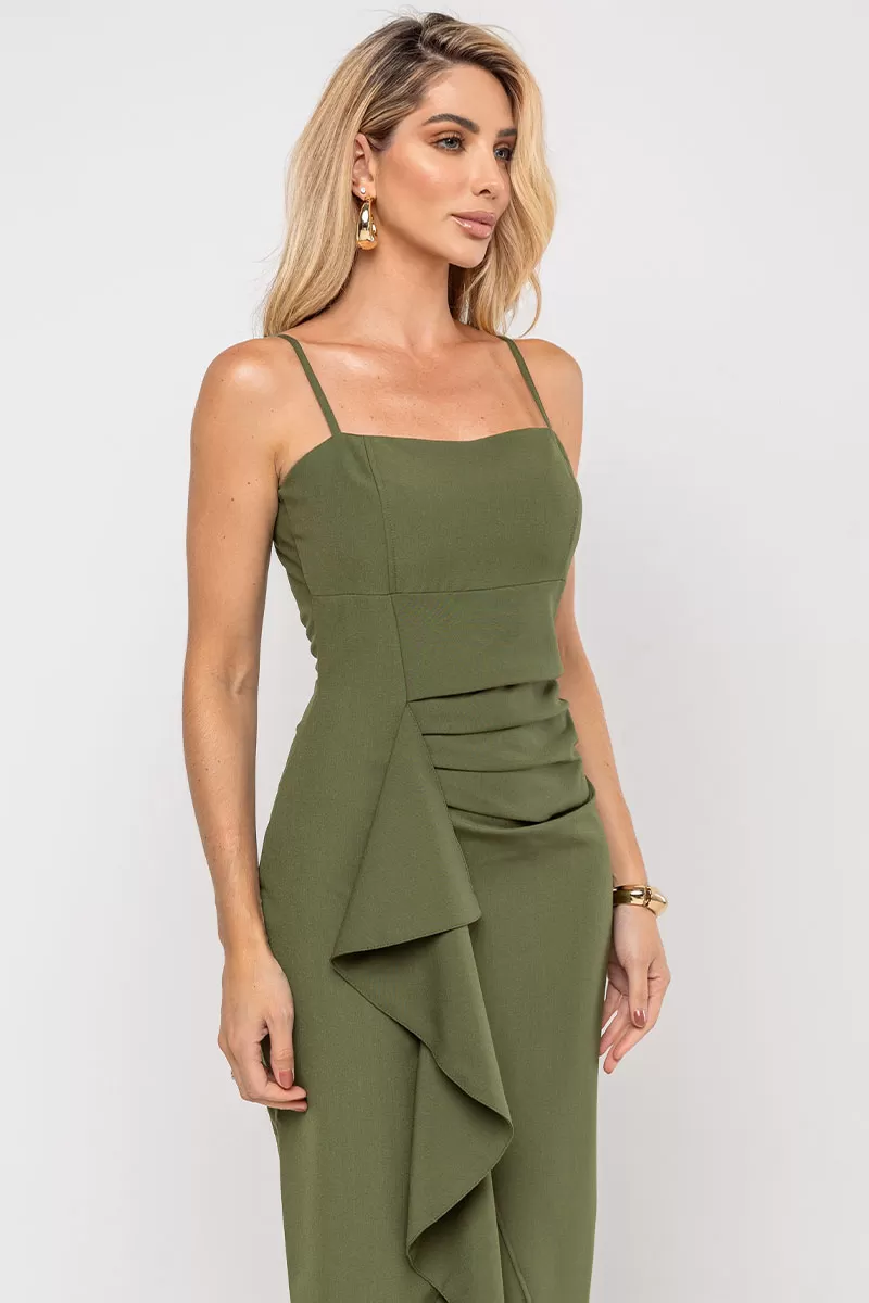 Miss Misses - Angelica Dress with Pleats on the Front and Zipper in Green - 54561023