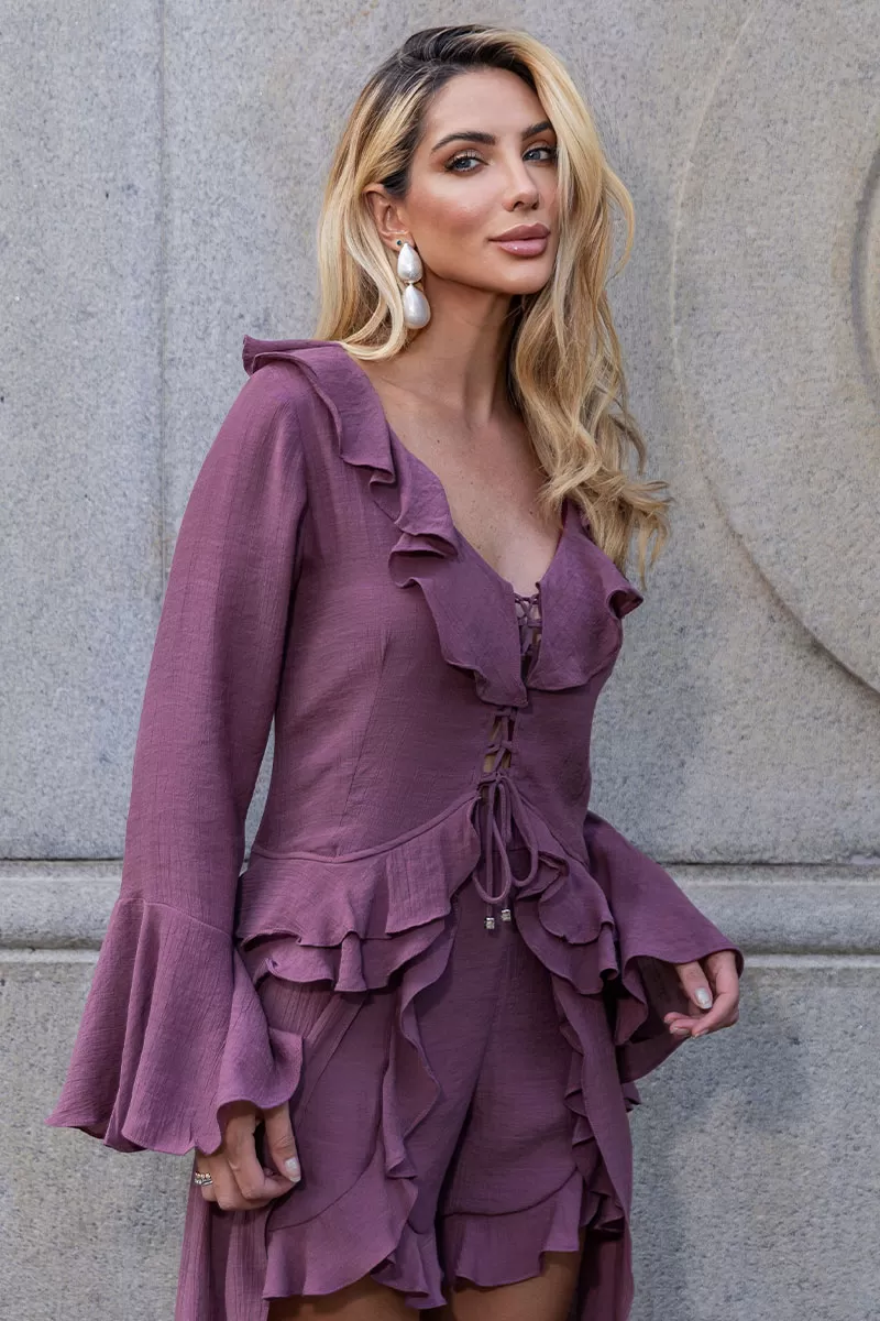 Miss Misses - Shorts Set With Frill And Long Sleeves Grape - 54529203 Miss Misses - Shorts Set With Frill And Long Sleeves Grape - 54529203
