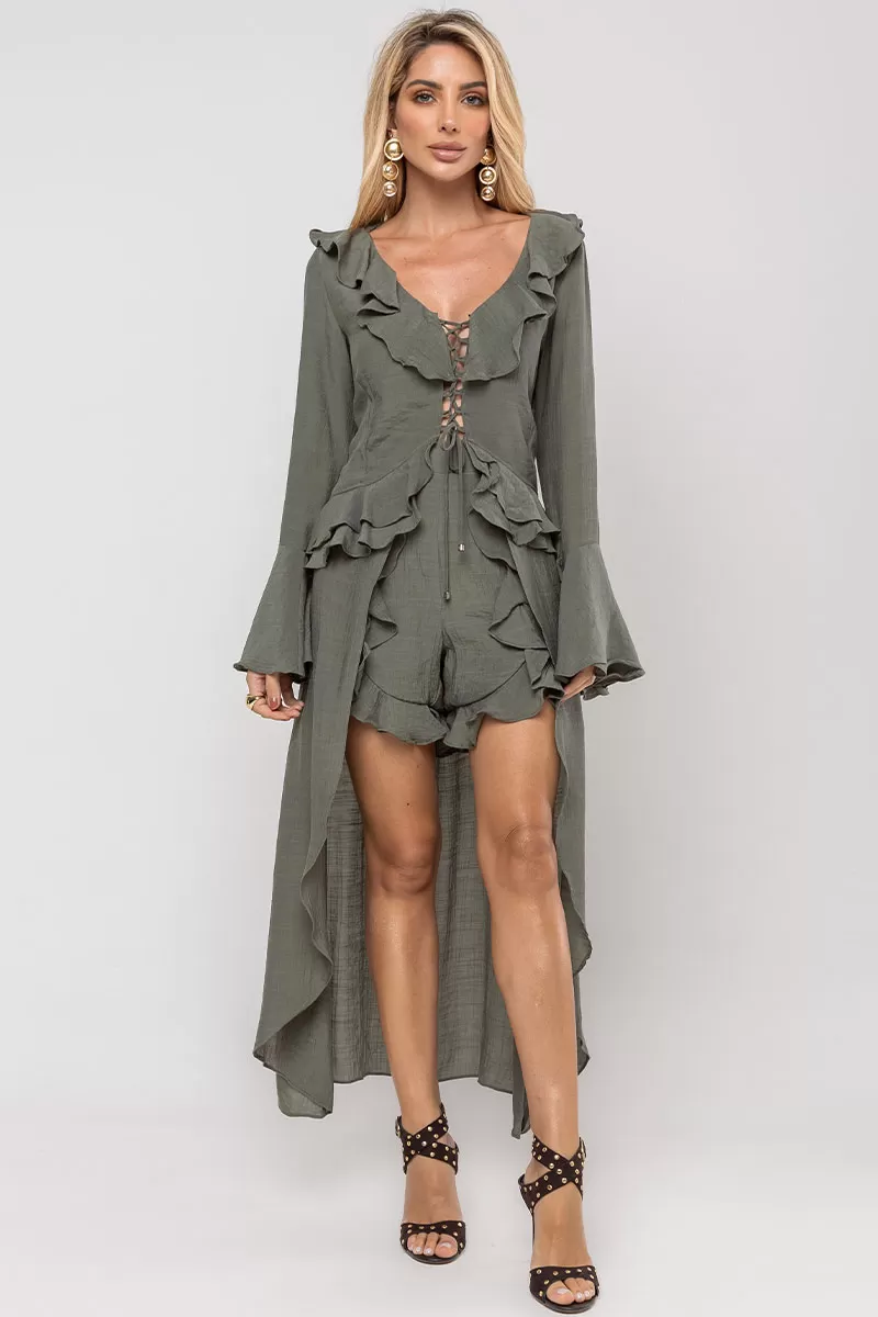 Miss Misses - Shorts Set with Frills and Long Sleeves Moss Green - 54529023 Miss Misses - Shorts Set with Frills and Long Sleeves Moss Green - 54529023