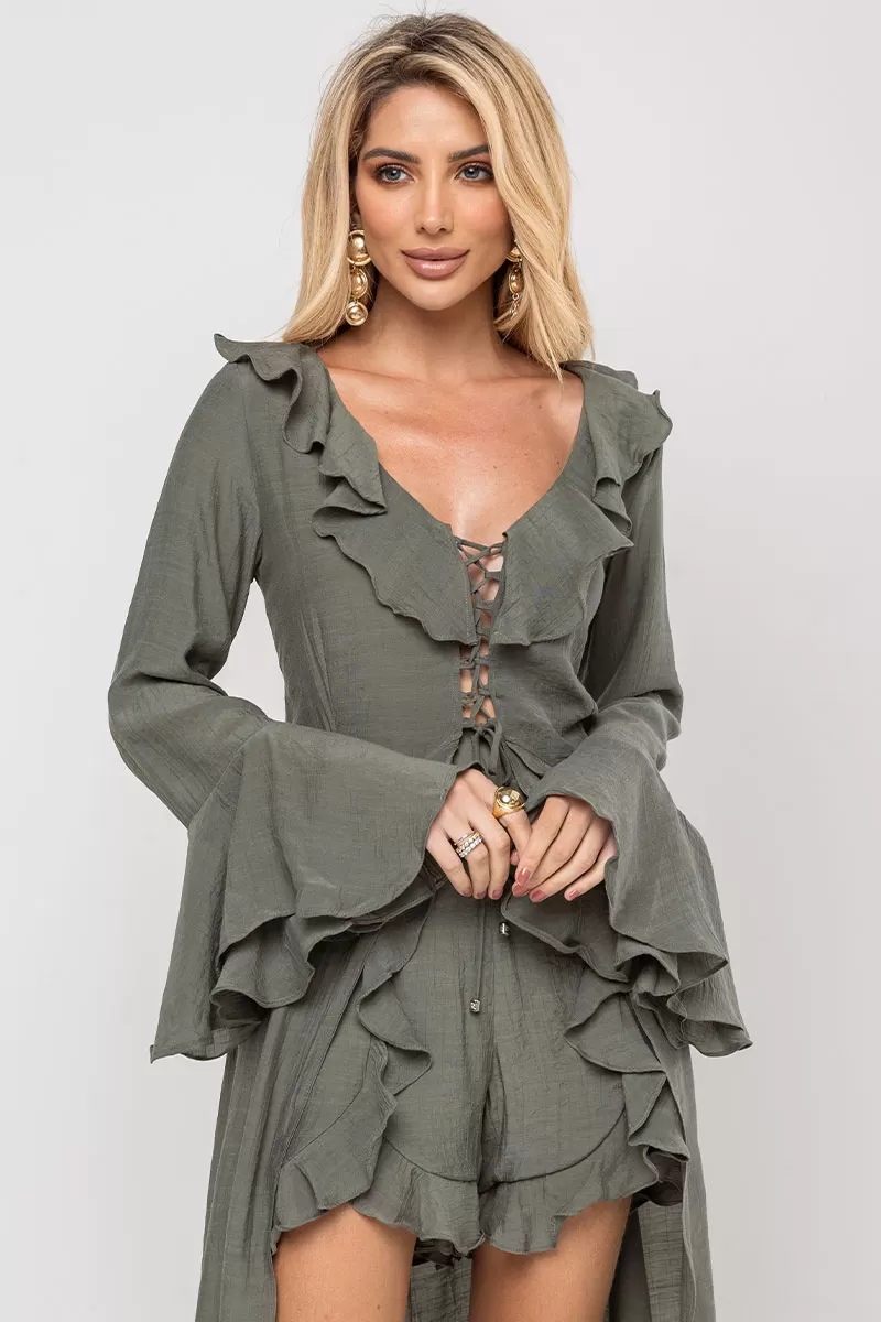Miss Misses - Shorts Set with Frills and Long Sleeves Moss Green - 54529023 Miss Misses - Shorts Set with Frills and Long Sleeves Moss Green - 54529023