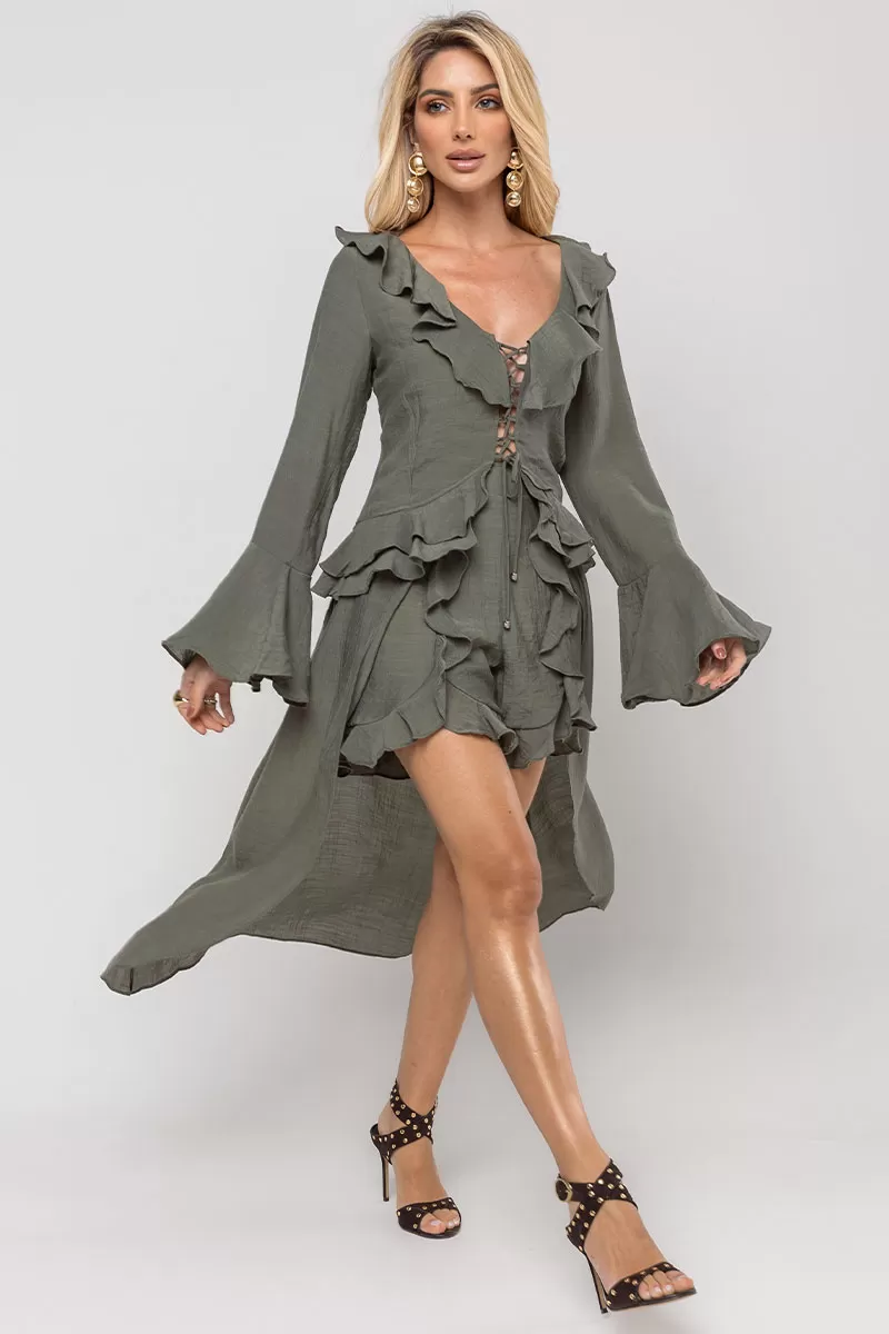 Miss Misses - Shorts Set with Frills and Long Sleeves Moss Green - 54529023 Miss Misses - Shorts Set with Frills and Long Sleeves Moss Green - 54529023