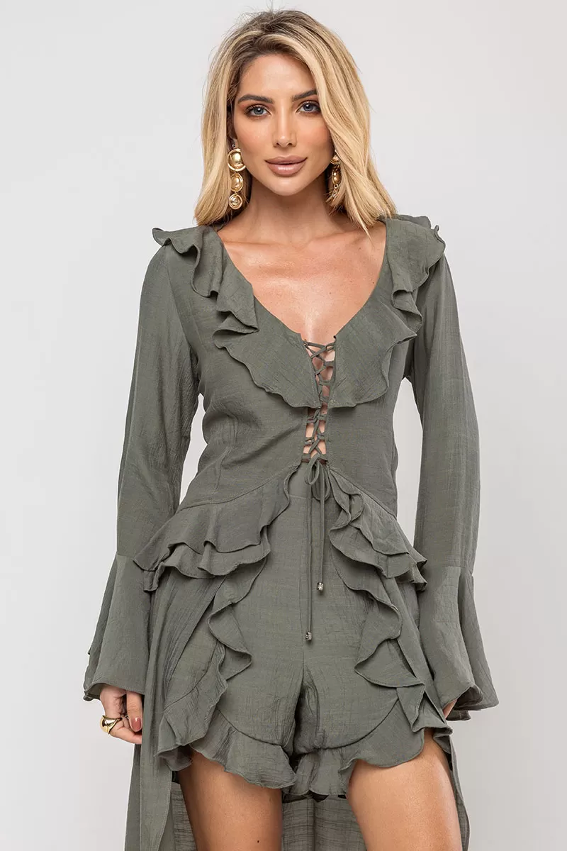 Miss Misses - Shorts Set with Frills and Long Sleeves Moss Green - 54529023 Miss Misses - Shorts Set with Frills and Long Sleeves Moss Green - 54529023