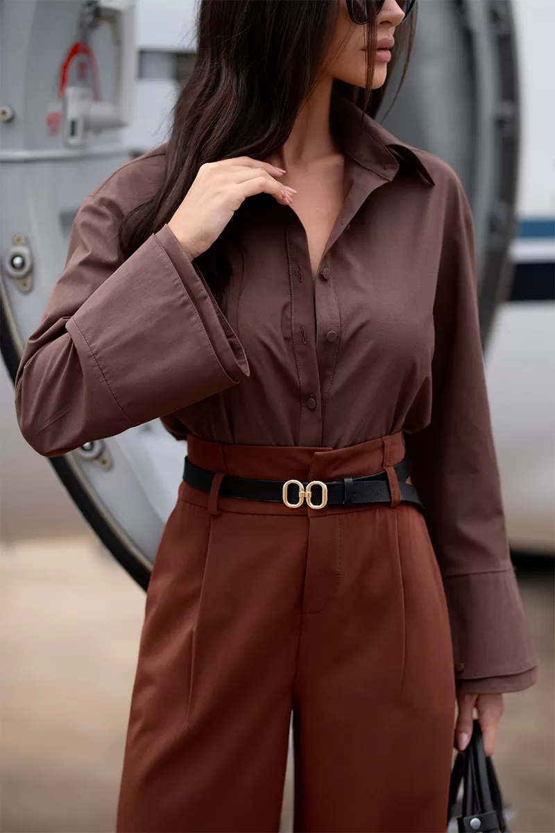 Dot Clothing - Dot Clothing Double Bell Sleeve Shirt Coffee - 2728MARROM