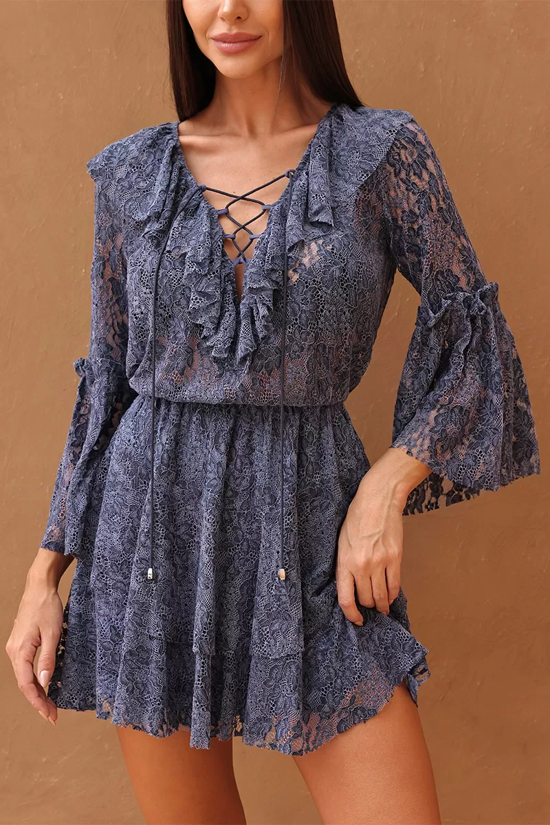 Dot Clothing - Short Dot Clothing Lace Dress in Blue - 2705AZUL Dot Clothing - Short Dot Clothing Lace Dress in Blue - 2705AZUL