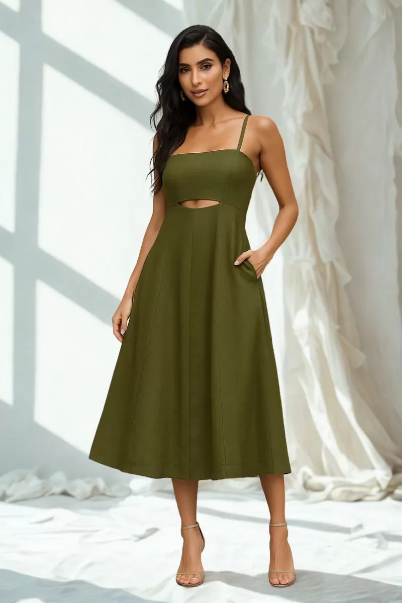 Miss Misses - Amanda Midi Dress with Openwork Detail and Pockets in Dark Green - 54429025