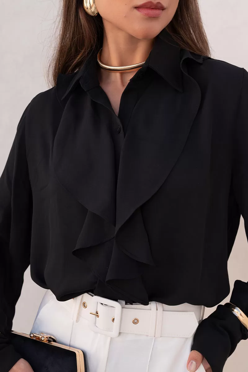 Miss Misses - Aghata Crepe Shirt With Frill With Long Sleeve Button Black - 54560001 Miss Misses - Aghata Crepe Shirt With Frill With Long Sleeve Button Black - 54560001